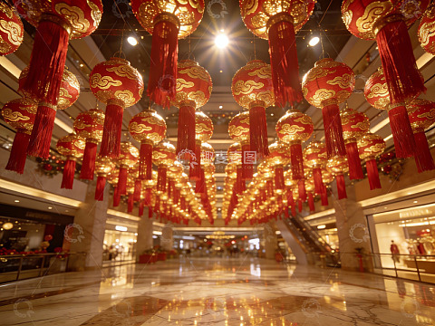 商场悬挂红色灯笼装饰场景