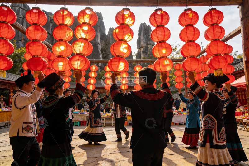 高清大图下载【趣麦麦图】民族舞者举灯庆佳节
