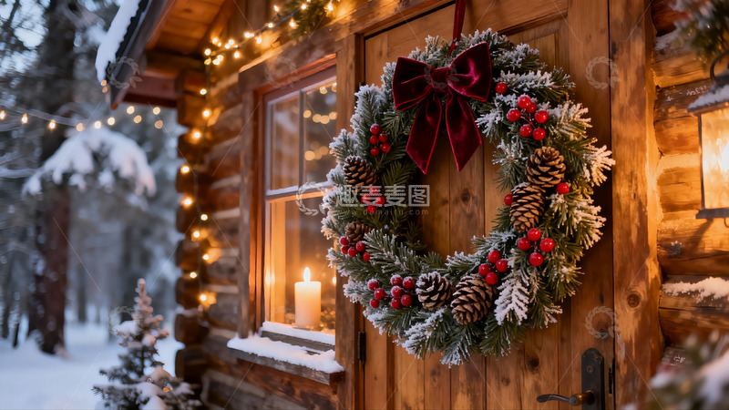 高清大图下载【趣麦麦图】雪夜木屋圣诞花环温馨场景
