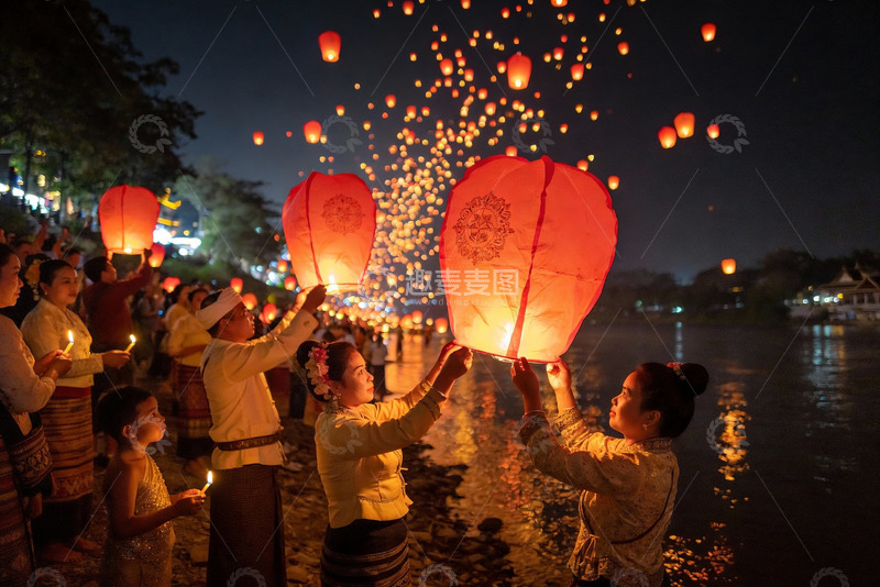 高清大图下载【趣麦麦图】夜放孔明灯祈福人群