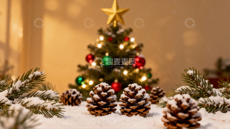 高清大图下载【趣麦麦图】雪中圣诞树与松果静景
