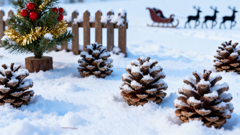 高清大图下载【趣麦麦图】雪地松果圣诞树装饰场景