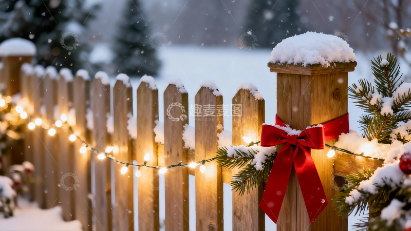 高清大图下载【趣麦麦图】雪夜木栅栏灯光与红丝带