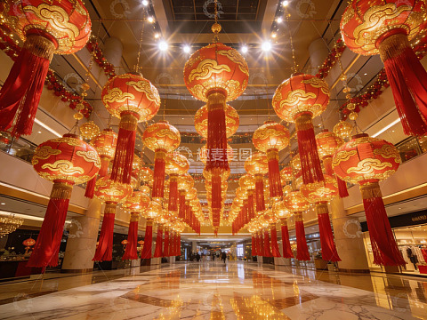 商场内挂满红色灯笼的节日场景