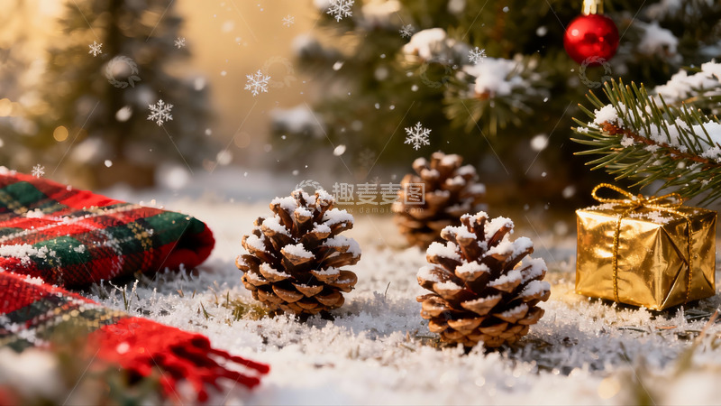 高清大图下载【趣麦麦图】雪中松果与圣诞礼物