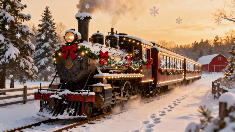 高清大图下载【趣麦麦图】雪景圣诞火车穿行冬日乡村