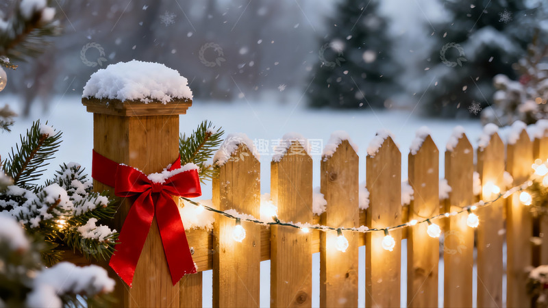 高清大图下载【趣麦麦图】雪中木栅栏挂红丝带