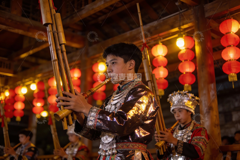 高清大图下载【趣麦麦图】身着民族服饰的少年吹奏竹管乐器