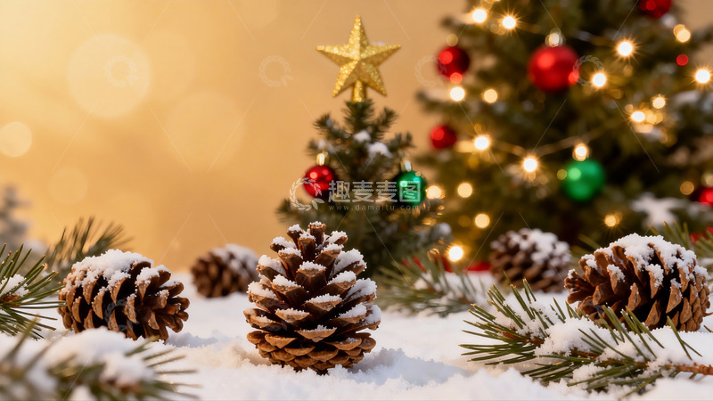 高清大图下载【趣麦麦图】雪中松果与圣诞树装饰