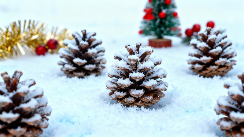 高清大图下载【趣麦麦图】雪中松果与圣诞装饰