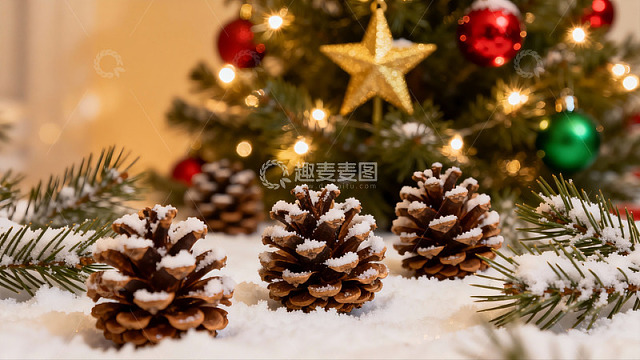 雪覆松果圣诞树下静景