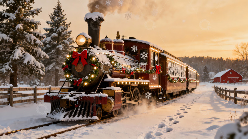 高清大图下载【趣麦麦图】雪景火车节日装饰