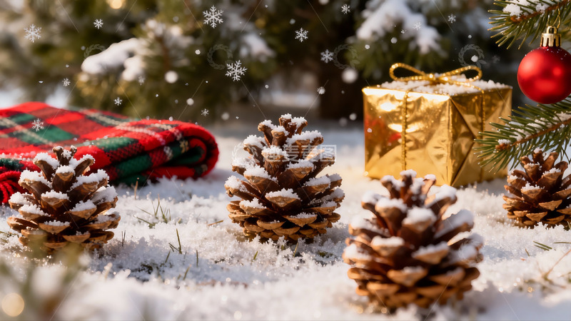 高清大图下载【趣麦麦图】雪地松果礼盒节日装饰
