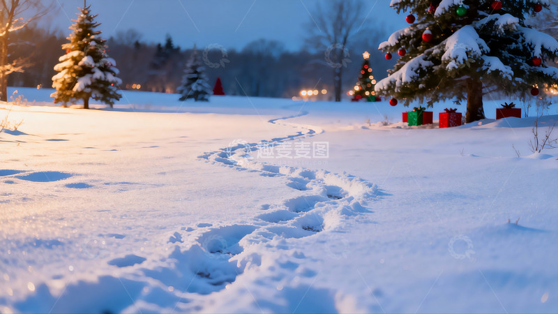 高清大图下载【趣麦麦图】雪地圣诞树与脚印