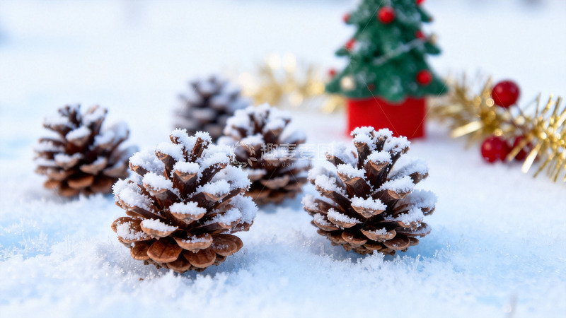 高清大图下载【趣麦麦图】雪地松果与圣诞装饰