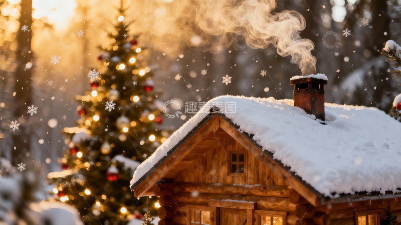高清大图下载【趣麦麦图】雪夜木屋与圣诞树