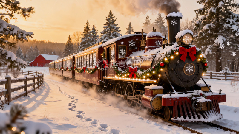 高清大图下载【趣麦麦图】雪地圣诞火车穿行林间