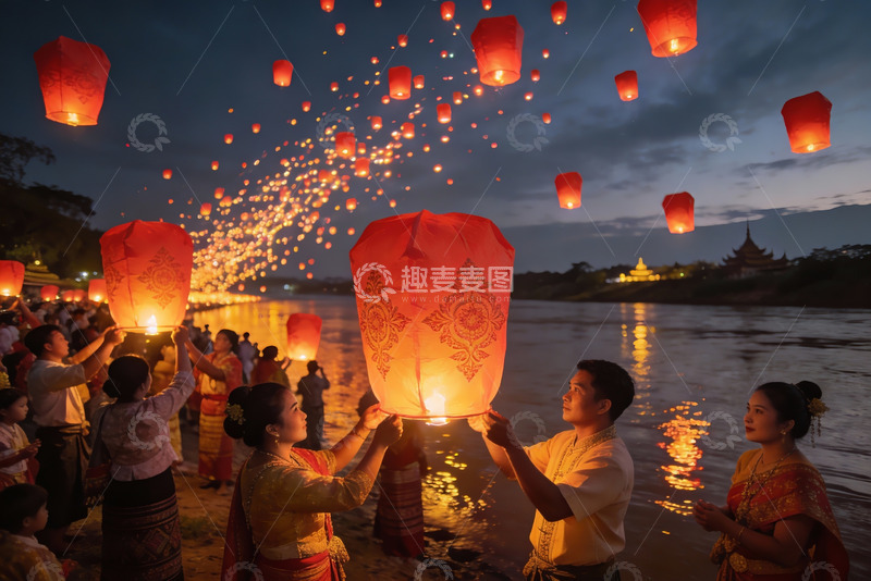 高清大图下载【趣麦麦图】夜放孔明灯祈福人群