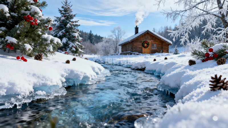 高清大图下载【趣麦麦图】雪景木屋溪流冬日静谧