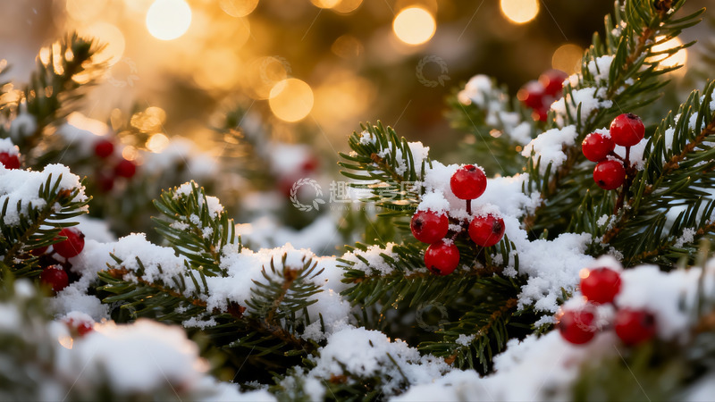 高清大图下载【趣麦麦图】雪覆松枝红果点缀冬日美景