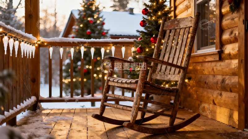 高清大图下载【趣麦麦图】雪夜木屋前的圣诞摇椅