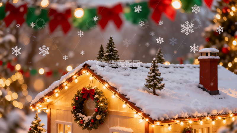 高清大图下载【趣麦麦图】雪夜圣诞小屋温馨节日场景