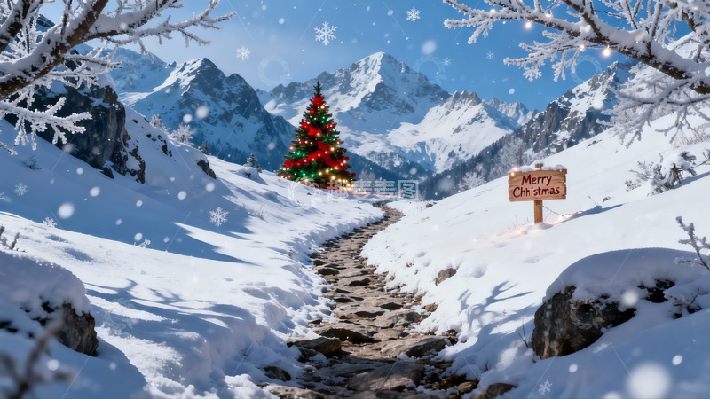 高清大图下载【趣麦麦图】雪山圣诞树雪景小径
