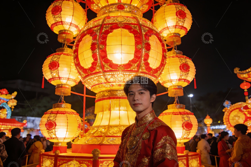 高清大图下载【趣麦麦图】男子身着红袍立于灯笼前
