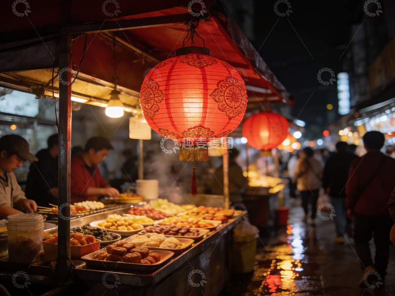 高清大图下载【趣麦麦图】夜市摊位灯火通明美食诱人