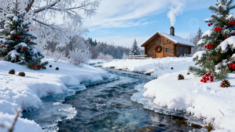 高清大图下载【趣麦麦图】雪景溪流旁的木屋