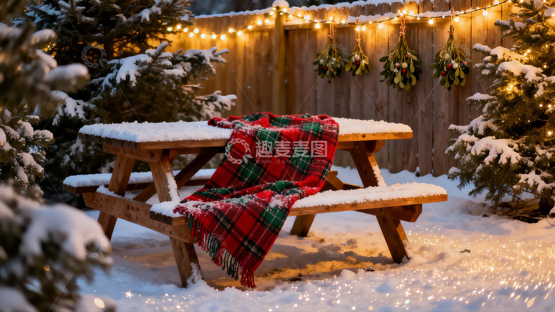 高清大图下载【趣麦麦图】雪夜庭院圣诞氛围桌椅