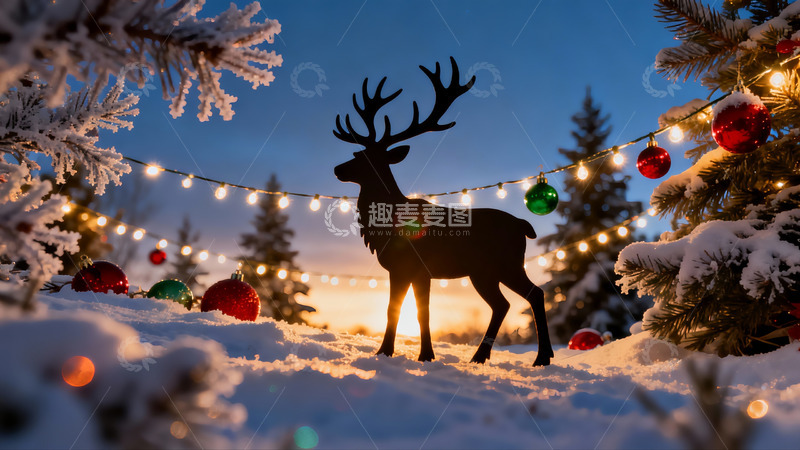 高清大图下载【趣麦麦图】雪地圣诞鹿剪影夜景