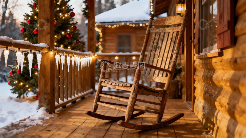 高清大图下载【趣麦麦图】雪夜木屋前的圣诞摇椅