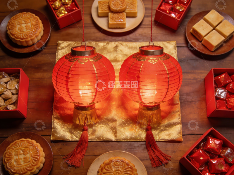 高清大图下载【趣麦麦图】中秋佳节红灯笼与月饼摆盘