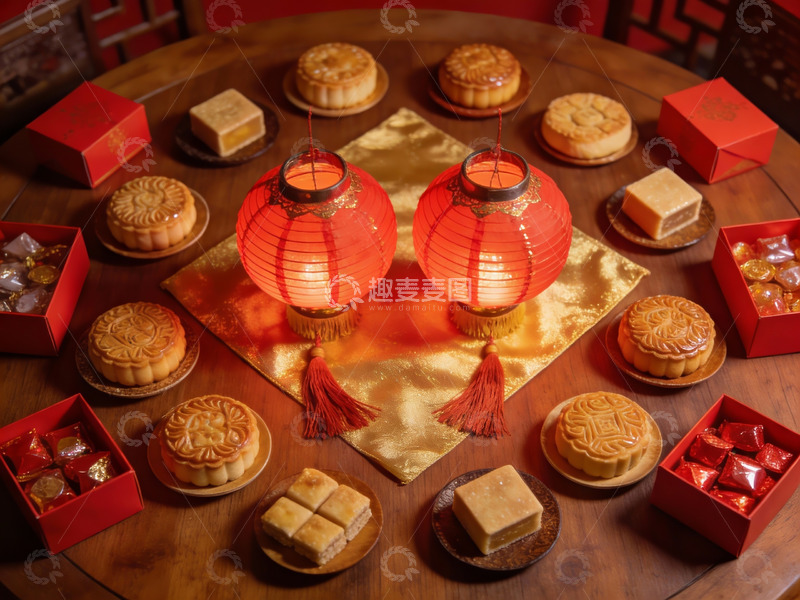 高清大图下载【趣麦麦图】中秋佳节月饼与红灯笼摆盘