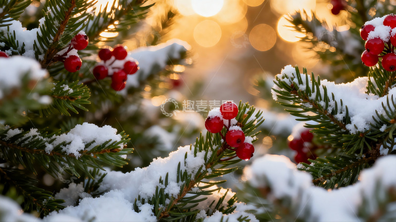 高清大图下载【趣麦麦图】雪覆松枝红果点缀冬日美景