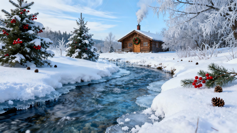 高清大图下载【趣麦麦图】雪景木屋溪流冬日静谧