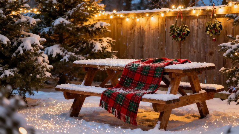 高清大图下载【趣麦麦图】雪夜庭院圣诞氛围桌椅