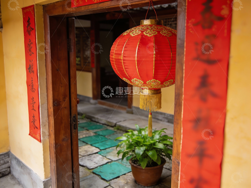 高清大图下载【趣麦麦图】古色古香门廊挂红灯笼