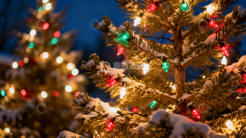 高清大图下载【趣麦麦图】雪夜圣诞树灯光闪烁
