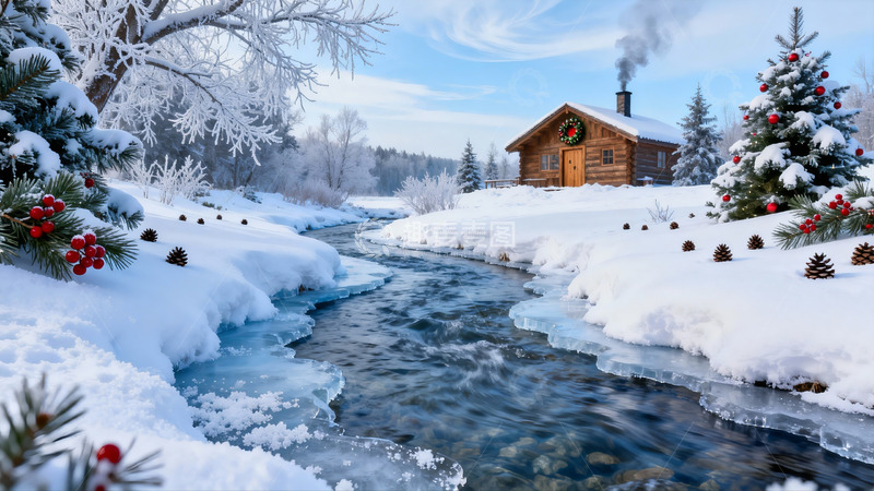 高清大图下载【趣麦麦图】雪景溪流旁的木屋