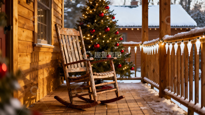 高清大图下载【趣麦麦图】雪夜木屋前圣诞树与摇椅