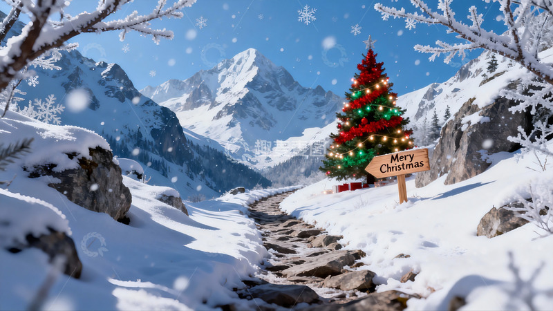 高清大图下载【趣麦麦图】雪山圣诞树雪景