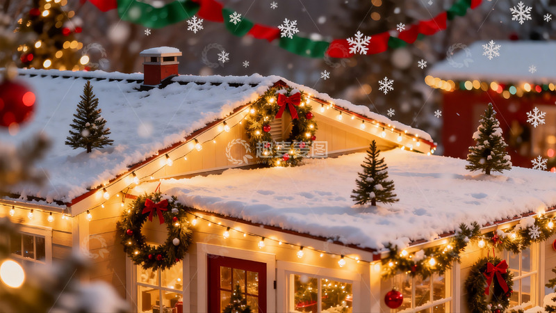 高清大图下载【趣麦麦图】雪夜圣诞小屋灯光装饰