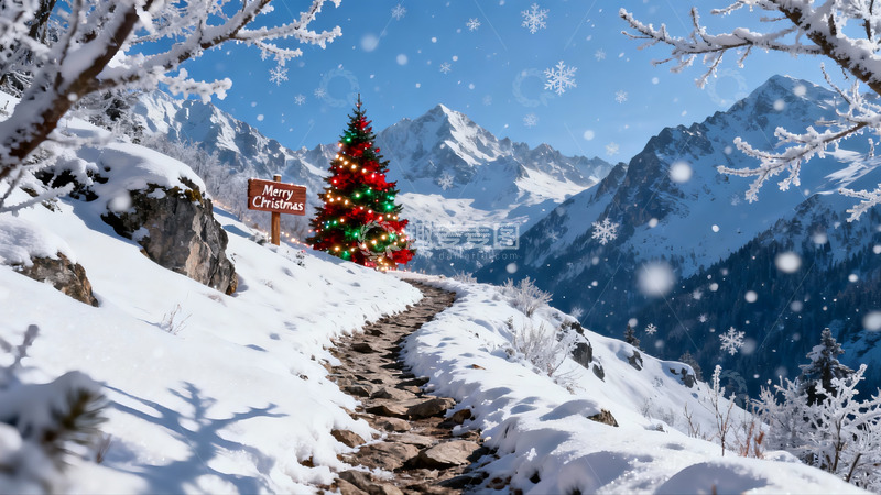 高清大图下载【趣麦麦图】雪山圣诞树雪景