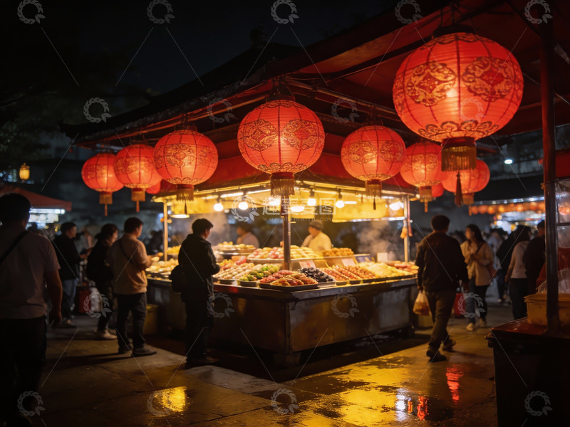 高清大图下载【趣麦麦图】夜市灯火辉煌水果摊热闹非凡