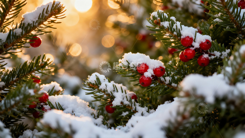 高清大图下载【趣麦麦图】雪覆松枝红果映冬日暖阳