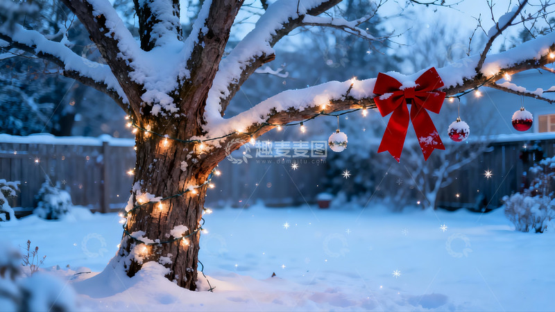高清大图下载【趣麦麦图】雪夜庭院圣诞树装饰