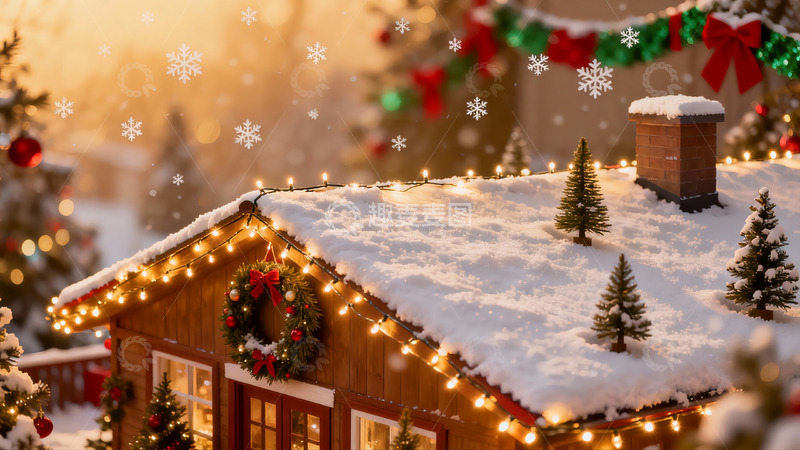 高清大图下载【趣麦麦图】雪夜圣诞小屋灯光闪烁