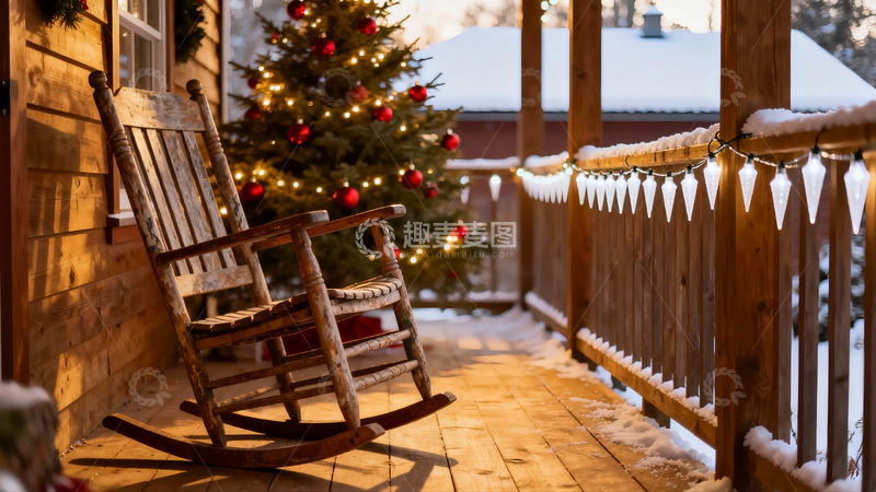 高清大图下载【趣麦麦图】雪夜木屋前圣诞树与摇椅